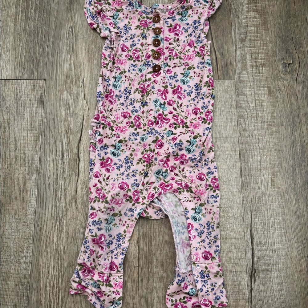 Posh Peanut Pink Floral Ruffle Romper